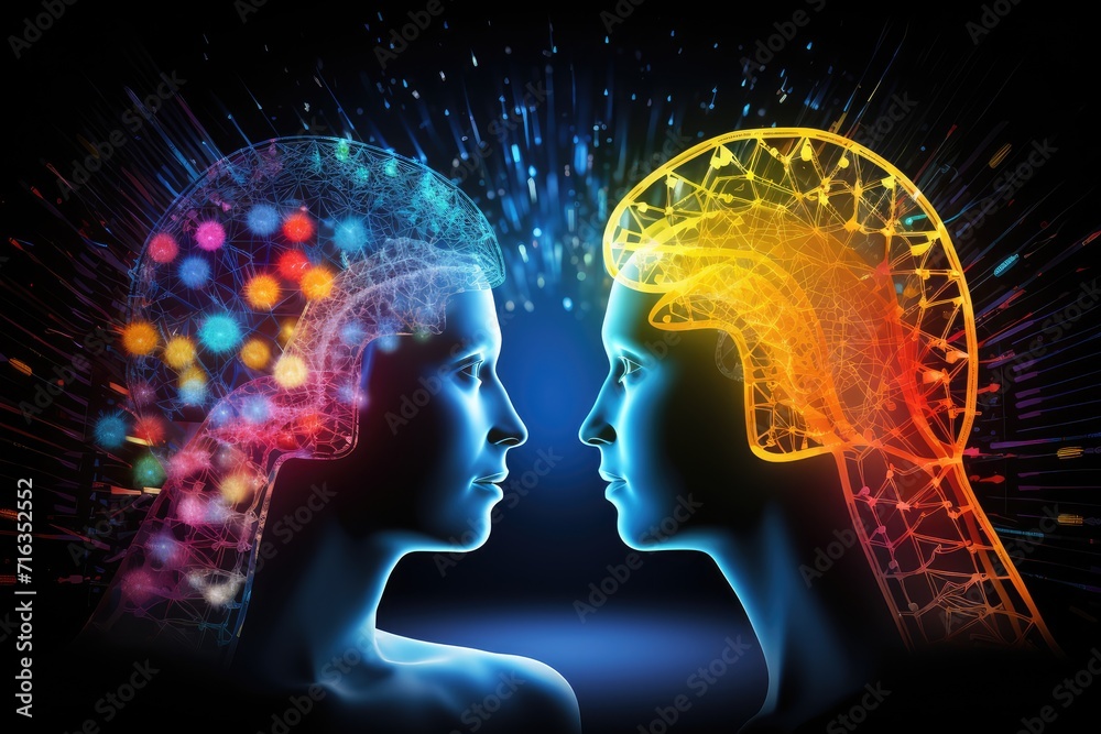 Synergies of human mind, synapses lighting colorful, Brain health monitoring, language learning, and cognitive skills improvement. Brain nerve synapses think psychohygiene nerve cell concentration Synergies of human mind, synapses lighting colorful, Brain health monitoring, language learning, and cognitive skills improvement. Brain nerve synapses think psychohygiene nerve cell concentration