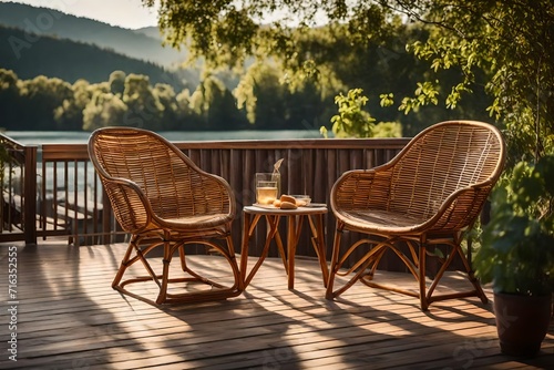 A serene retreat with a rattan armchair resting on a wooden terrace  table and chairs in the garden basking in perfect lighting 