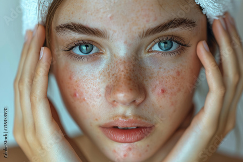 Young woman with acne problem on light background with space for text, close-up. Acne, pimples, hormonal failure, menstruation, acne treatment, squeeze out pimples, cosmetology photo