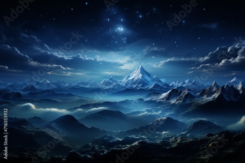 Moonlit Mountain Range Under a Starry Sky, on an isolated Midnight Blue background, Generative AI