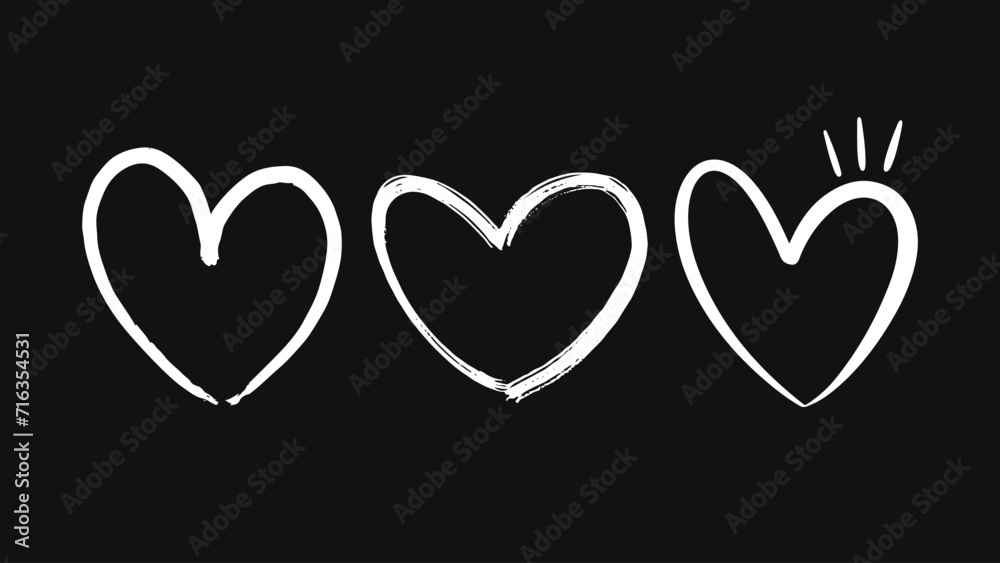 Fototapeta premium Hand drawn heart icons on black background. Vector hearts in hand drawn style. 