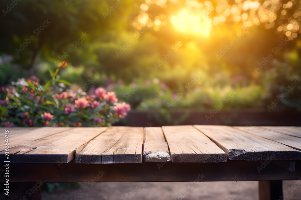 Empty rustic wooden table in front of beautiful flower garden in the sunset with blurry background. Product placement podium. Empty rustic wooden table in front of beautiful flower garden in the sunset with blurry background. Product placement podium.