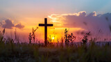 Sunset Silhouette of a Hilltop Cross, Symbolizing Faith and Spiritual Connection with God in a Heavenly Atmosphere