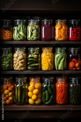 Pantry stocked with glass jars filled with homemade preserves and pickles, Generative AI