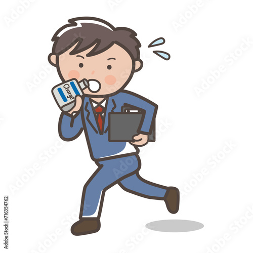 ゼリー飲料を飲みながら急いで走る男性ビジネスマンのイラスト