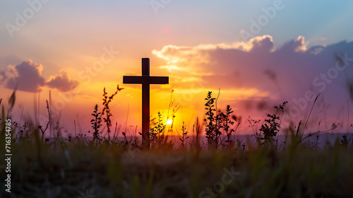 Sunset Silhouette of a Hilltop Cross, Symbolizing Faith and Spiritual Connection with God in a Heavenly Atmosphere