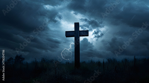 Sky-bound Cross atop Hill, Bathed in Heavenly Light, Symbolizing Faith, Resurrection, and Spiritual Belief