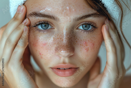 Young woman with acne problem on light background with space for text, close-up. Acne, pimples, hormonal failure, menstruation, acne treatment, squeeze out pimples, cosmetology