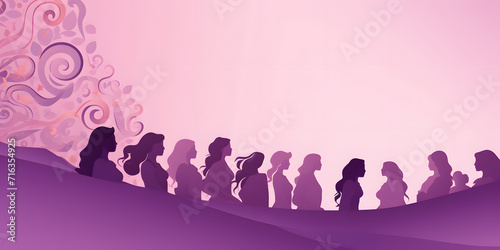 Women's day celebration minimalistic banner, march 8, several women faces graphic illustration, horizontal copy space on pastel purple background.