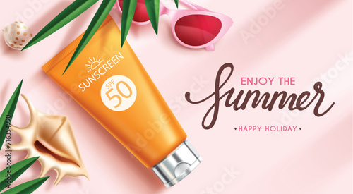 Summer sunscreen protection vector banner. Summer sunblock lotion products advertisement for tropical season brochure promotion design. Vector illustration summer sunscreen banner. 
