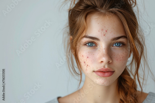 A young woman with acne problem on a light background with a space for text, close-up. Acne, pimples, hormonal failure, menstruation, acne treatment, squeeze out pimples, cosmetology photo
