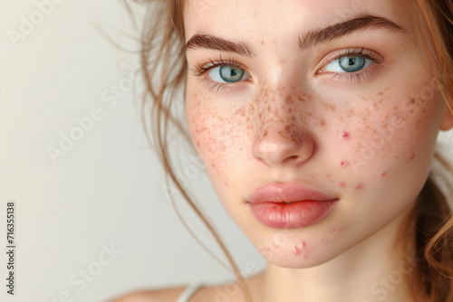 Wallpaper Mural A young woman with acne problem on a light background with a space for text, close-up. Acne, pimples, hormonal failure, menstruation, acne treatment, squeeze out pimples, cosmetology Torontodigital.ca
