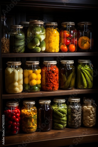 Pantry stocked with glass jars filled with homemade preserves and pickles, Generative AI