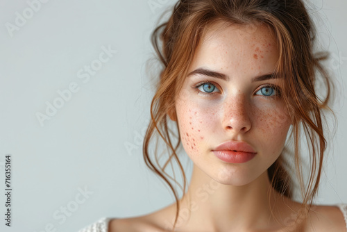A young woman with acne problem on a light background with a space for text, close-up. Acne, pimples, hormonal failure, menstruation, acne treatment, squeeze out pimples, cosmetology photo