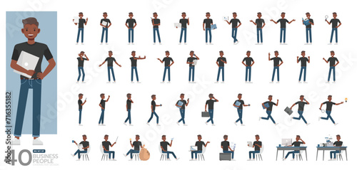 Big Set of office man wear black shirt character vector design. Presentation in various action. People working in office planning, thinking and economic analysis.