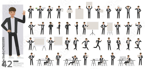 Big Set of office man wear black suit character vector design. Presentation in various action. People working in office planning, thinking and economic analysis.