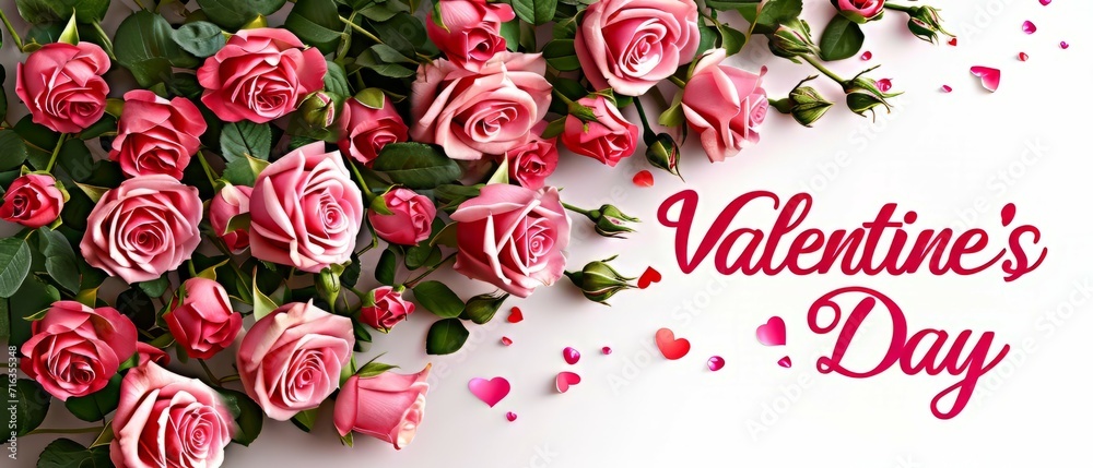 Happy Valentine's Day banner background. Valentines day card with copy space and congratulatory text, red and pink hearts on a delicate background.