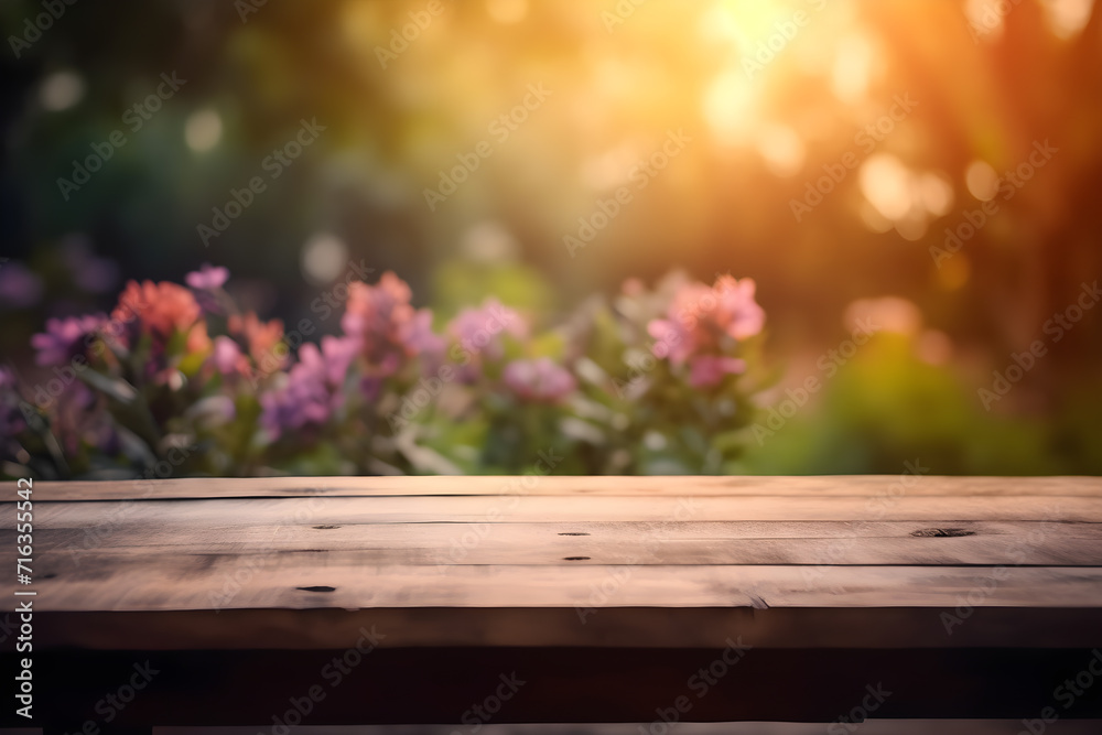 Empty rustic wooden table in front of beautiful flower garden in the sunset with blurry background. Product placement podium.