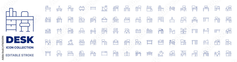 Desk icon collection. Thin line icon. Editable stroke. Editable stroke. Desk icons for web and mobile app.