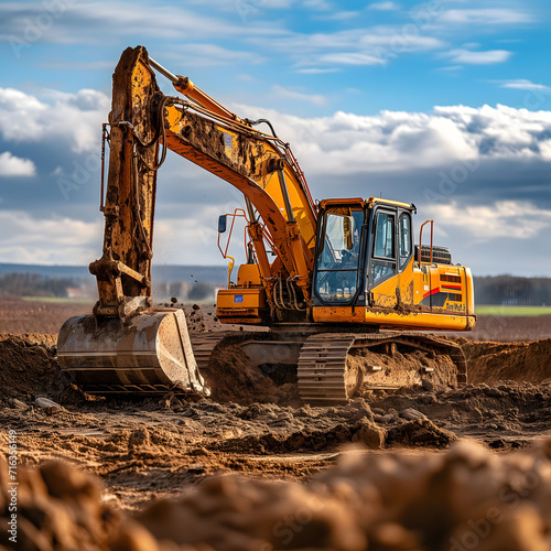 Yellow construction excavator digging earth in an open field