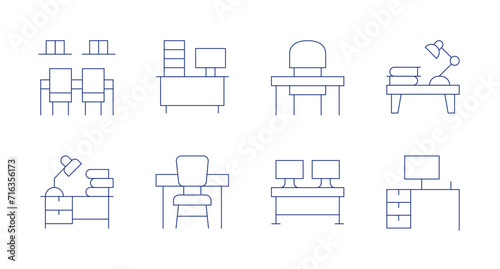 Desk icons. Editable stroke. Containing coworkingspace, books, overwork, desk.