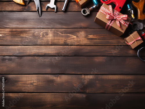 Fathers Day theme corner border of gifts, tie and tools on a rustic wood banner