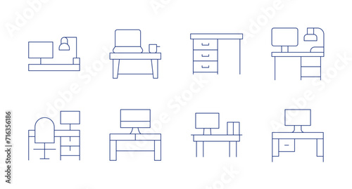 Desk icons. Editable stroke. Containing coworkingspace, office, workplace, desk.