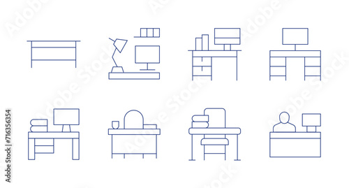 Desk icons. Editable stroke. Containing table, workspace, studio, desk, officedesk, reception.