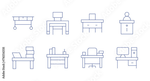 Desk icons. Editable stroke. Containing table, workspace, desk, teacherdesk, informationdesk. © Spaceicon