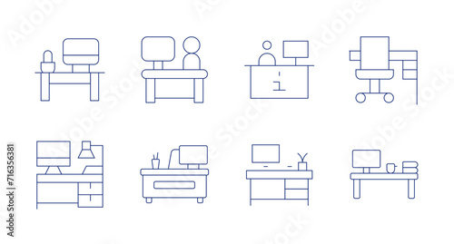 Desk icons. Editable stroke. Containing teacher, workspace, worker, desk, informationdesk, officedesk. © Spaceicon