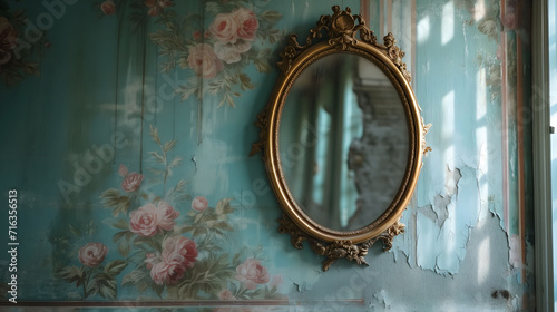 Vintage golden mirror on floral wallpaper in an elegant room photo