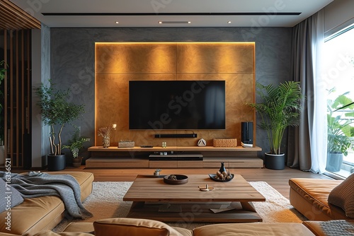 Minimalist style interior design of modern living room with tv, high resolution , high quality