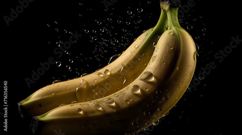 Fresh bananas with water splashes and drops on black background photo