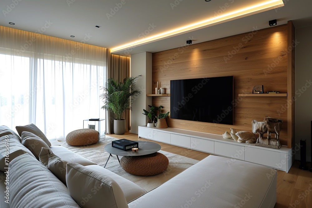 Fototapeta premium Minimalist style interior design of modern living room with tv