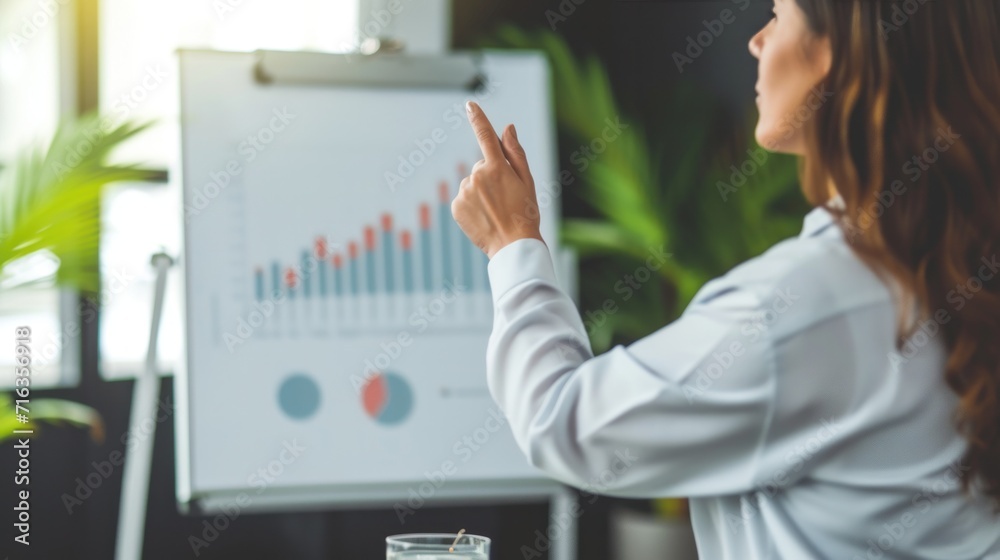 business woman executive manager holding presentation of growth concept idea in front of shareholders in meeting office of a company. showing finger on white board business woman executive manager holding presentation of growth concept idea in front of shareholders in meeting office of a company. showing finger on white board