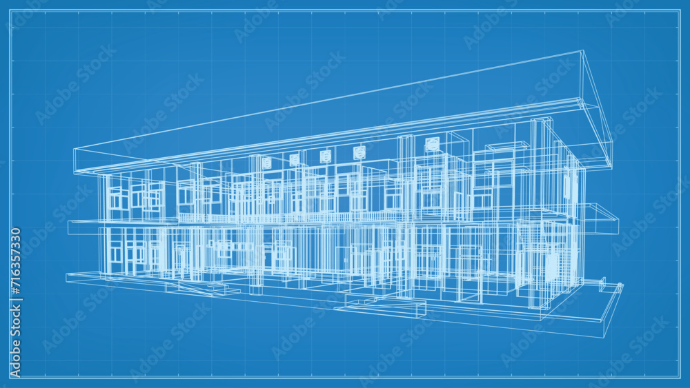 3D perspective render of wireframe architectural construction. 3D building wireframe. Vector illustration.