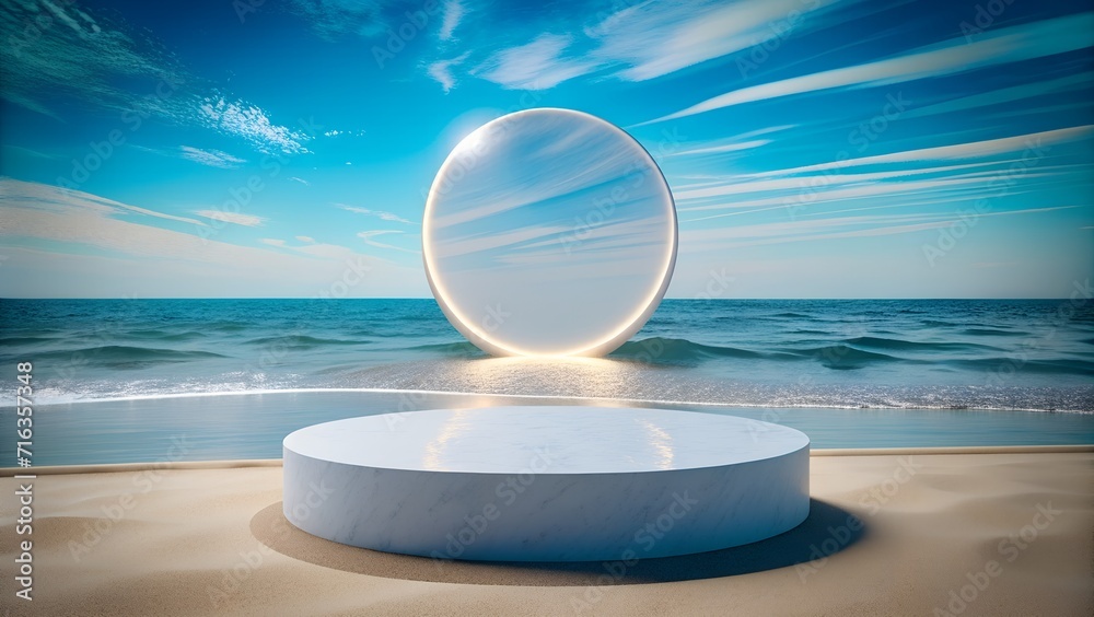 photorealistic shot of a minimalist and sea with beach background with empty product podium photorealistic shot of a minimalist and sea with beach background with empty product podium