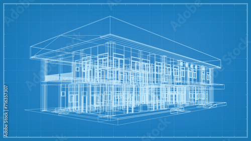 3D perspective render of wireframe architectural construction. 3D building wireframe. Vector illustration.