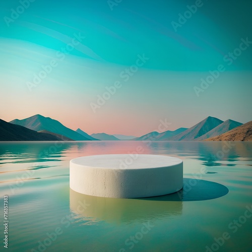 photorealistic shot of a minimalist and sea with beach background with empty product podium