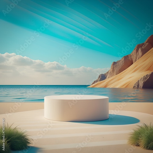 photorealistic shot of a minimalist and sea with beach background with empty product podium