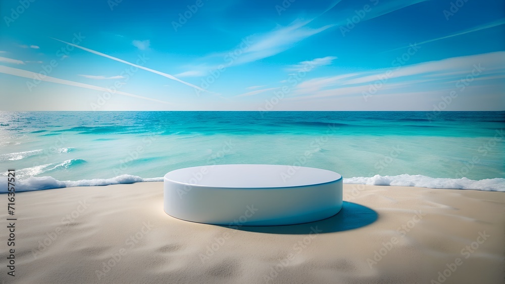 photorealistic shot of a minimalist and sea with beach background  with empty product podium