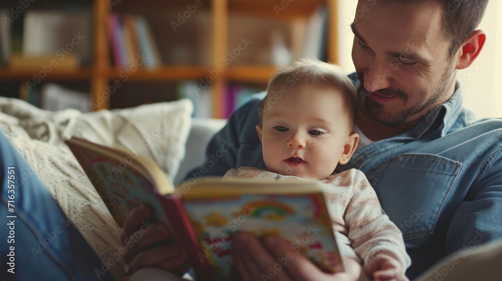 Fototapeta premium Happy father relax and read book with baby time together at home. parent sit on sofa with daughter and reading a story. learn development, childcare, laughing, education, storytelling, practice.
