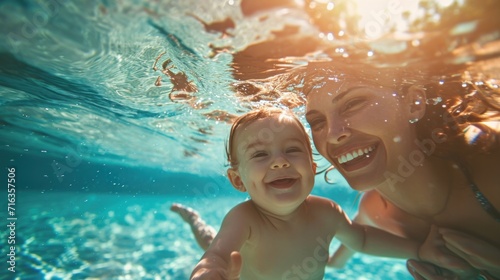 Cute smiling baby and mom having fun swimming and diving in the pool at the resort on summer vacation. Activities and sports to happy kid, family, holiday, photo