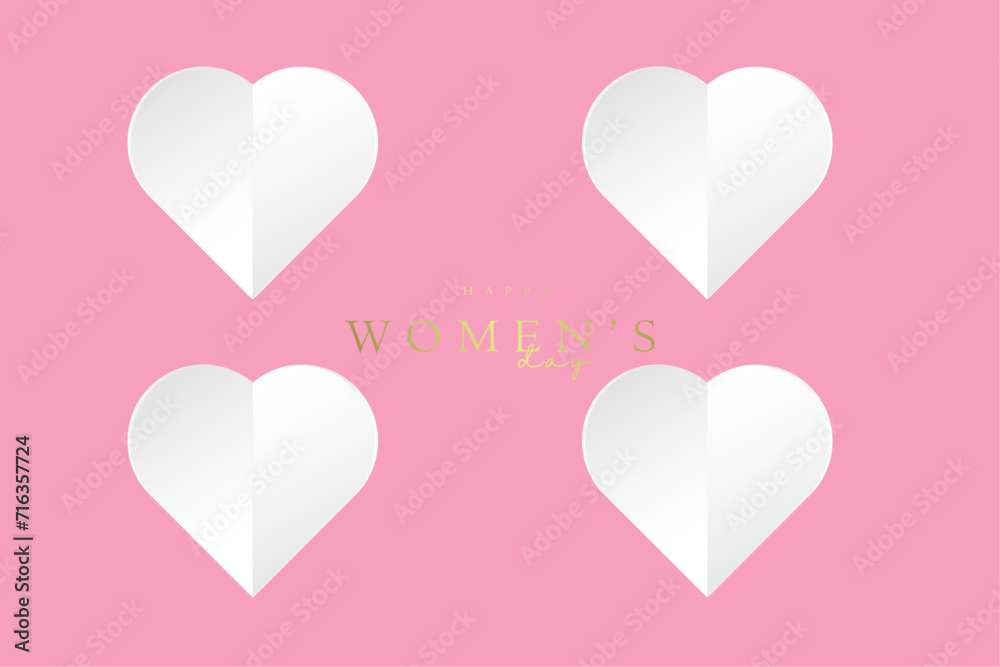 4 hearts of Women's Day on 8th of march banner. International women's day concept for banners, webs, backdrops, arts, posters style