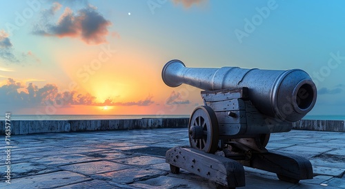 Ramadan Concept - Ramadan kareem cannon with crescent - Dusk sky with moon in the clouds at sunset photo