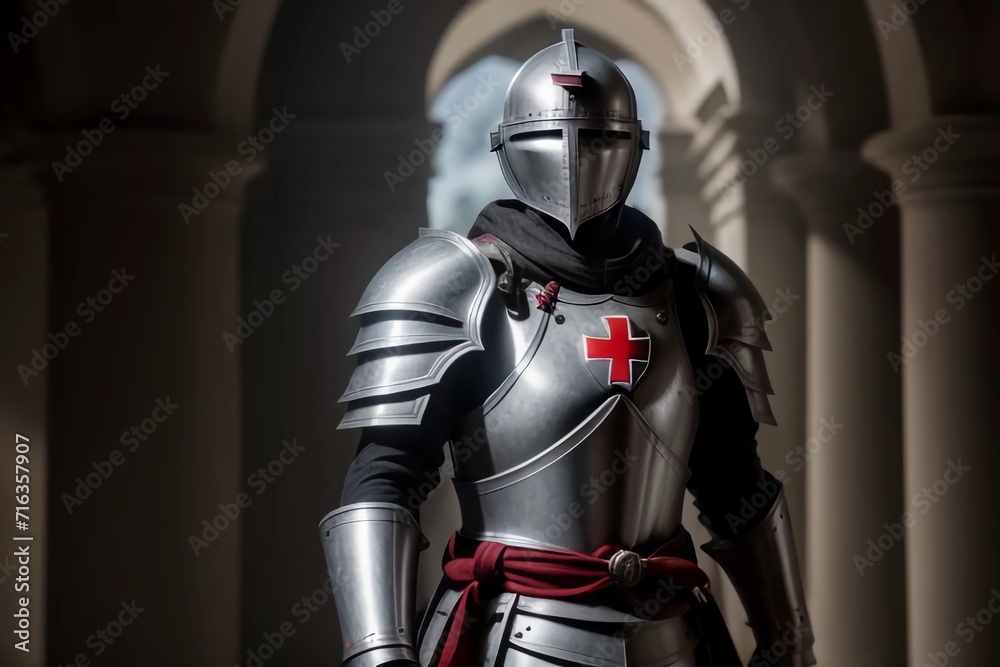 Fototapeta premium Templar Knight with Armor and Horse and Red Cross. Generated AI