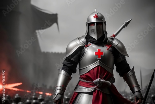 Templar Knight with Armor and Horse and Red Cross. Generated AI