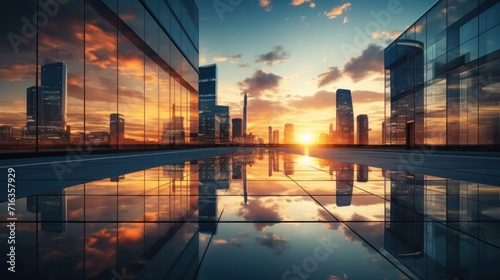 Modern office building or business center. High-rise window buildings made of glass reflect the clouds and the sunlight. empty street outside  wall modernity civilization. growing up business © pinkrabbit