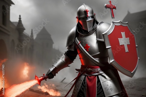 Templar Knight Guard Switzerland with Shield Cross and Armor. Generated AI