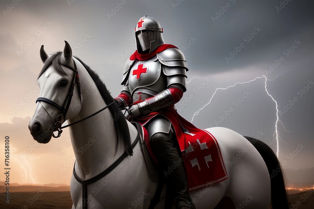 Templar Knight, Horse and background Lightning. Generated AI - obrazy, fototapety, plakaty 